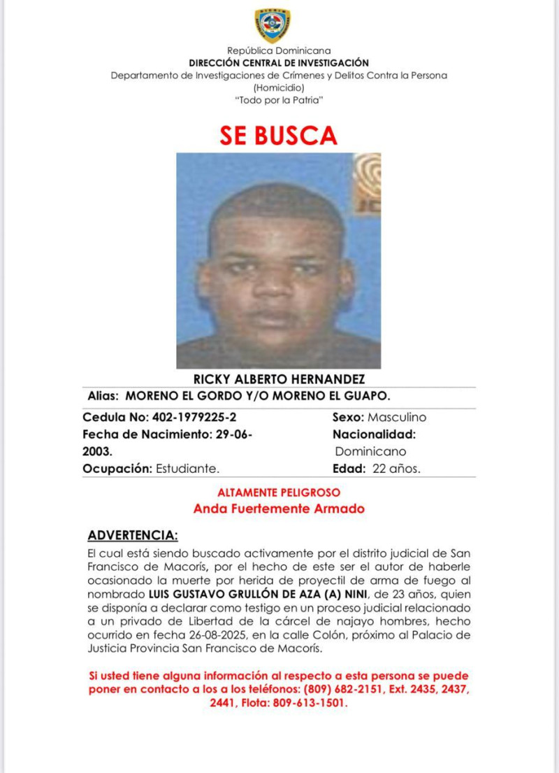 Policía busca a “Moreno el Guapo” acusado de ultimar a testigo en juicio en San Francisco de Macorís