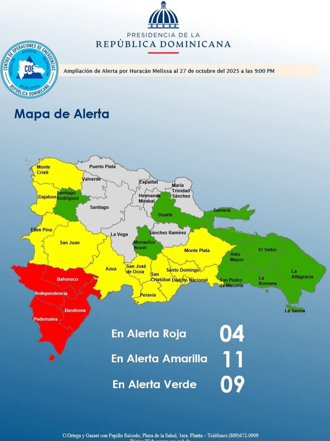 COE mantiene cuatro provincias en alerta roja y eleva niveles de advertencia por persistencia de lluvias